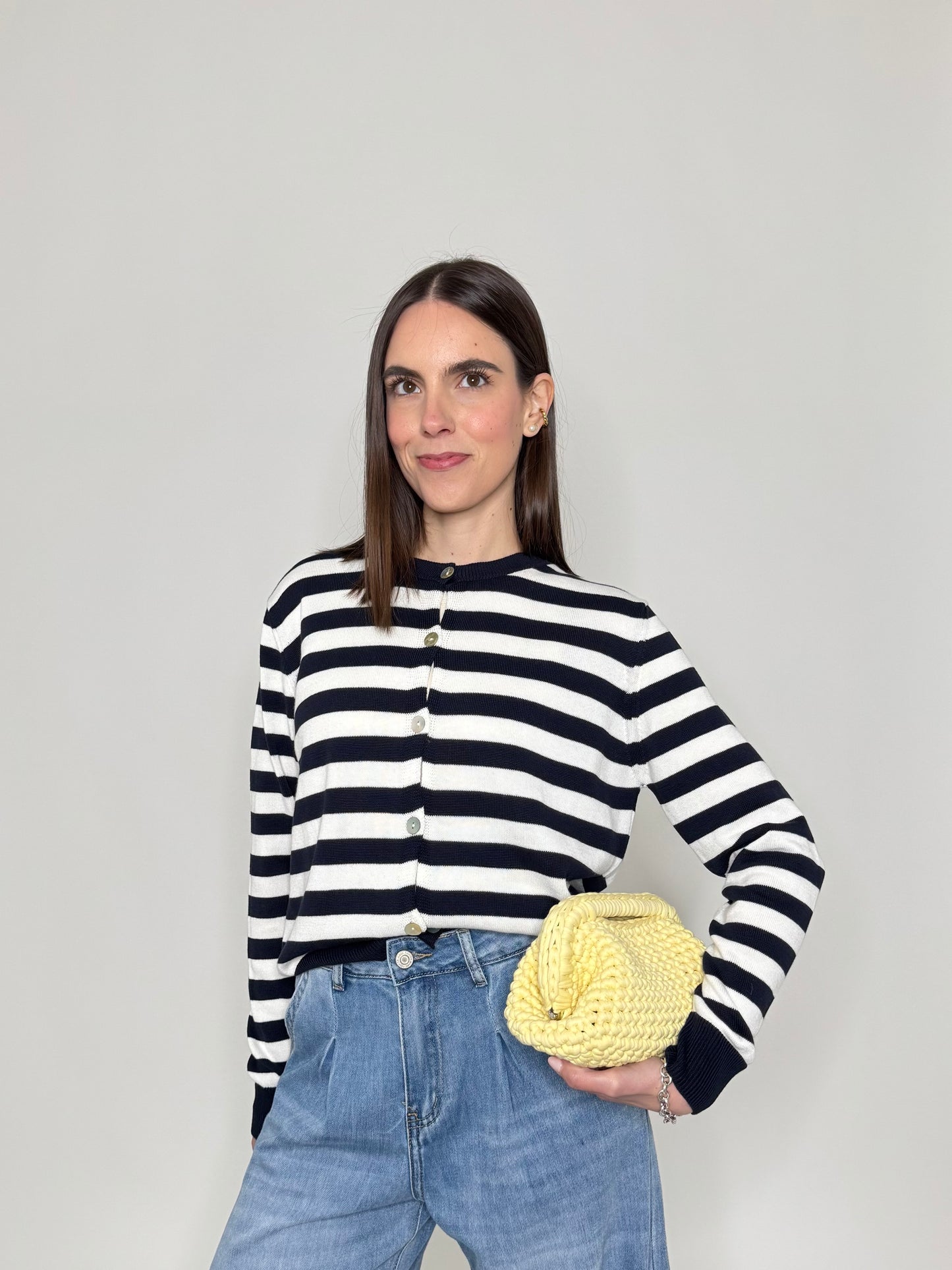 Cardigan in 100% cotone a righe girocollo Panna/Blu Navy