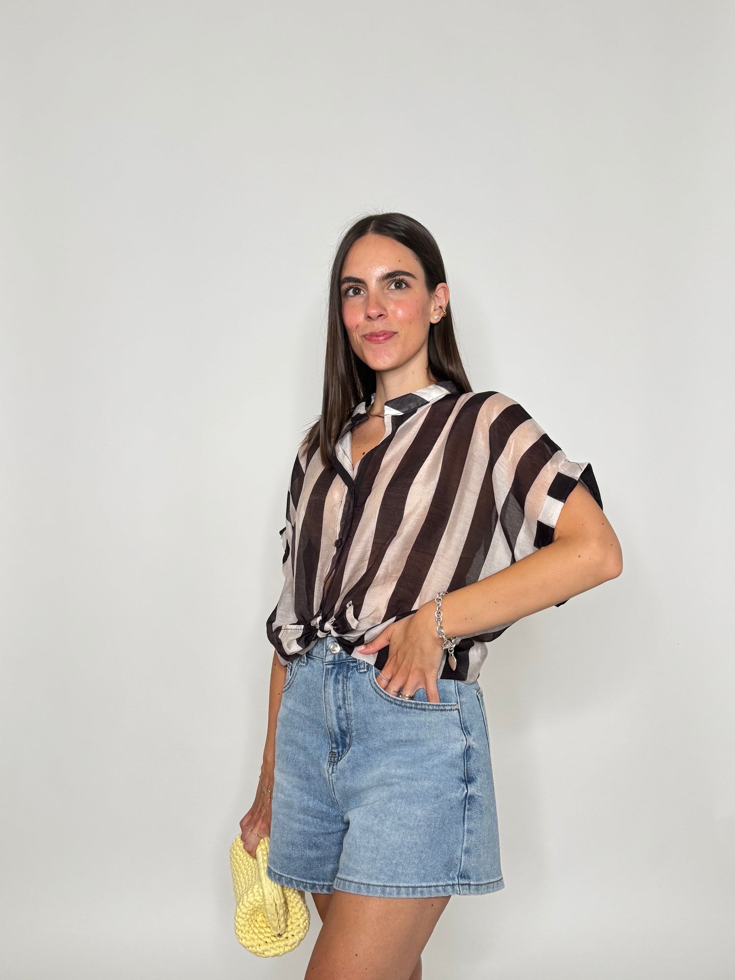 Camicia a righe in lyocell manica corta panna/moro