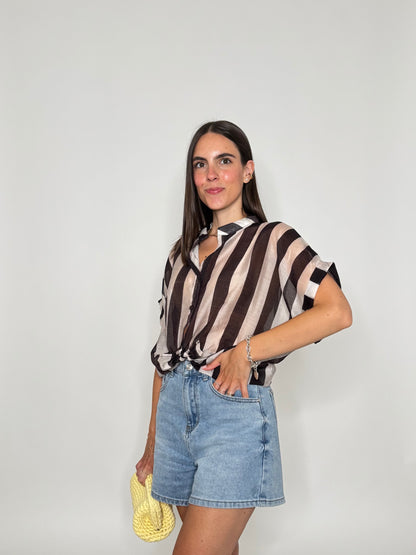 Camicia a righe in lyocell manica corta panna/moro