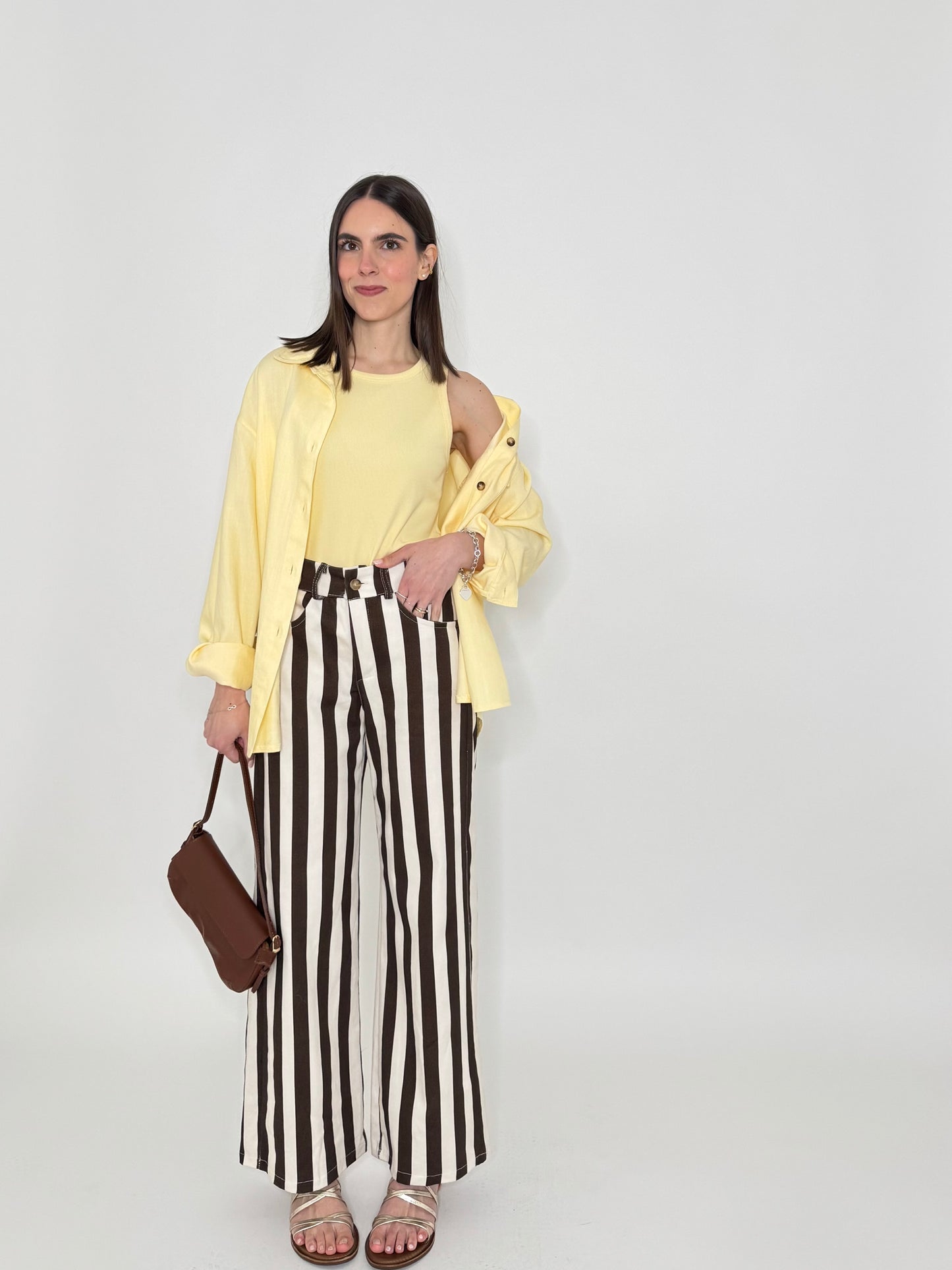 Jeans cinque tasche a righe modello wide leg Panna/cioccolato