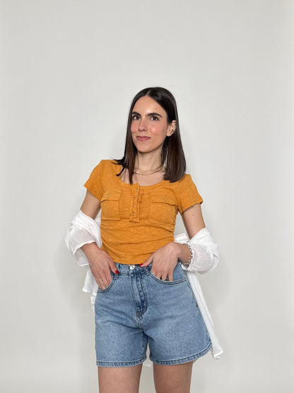 Maglia crop arricciata Serafino Senape