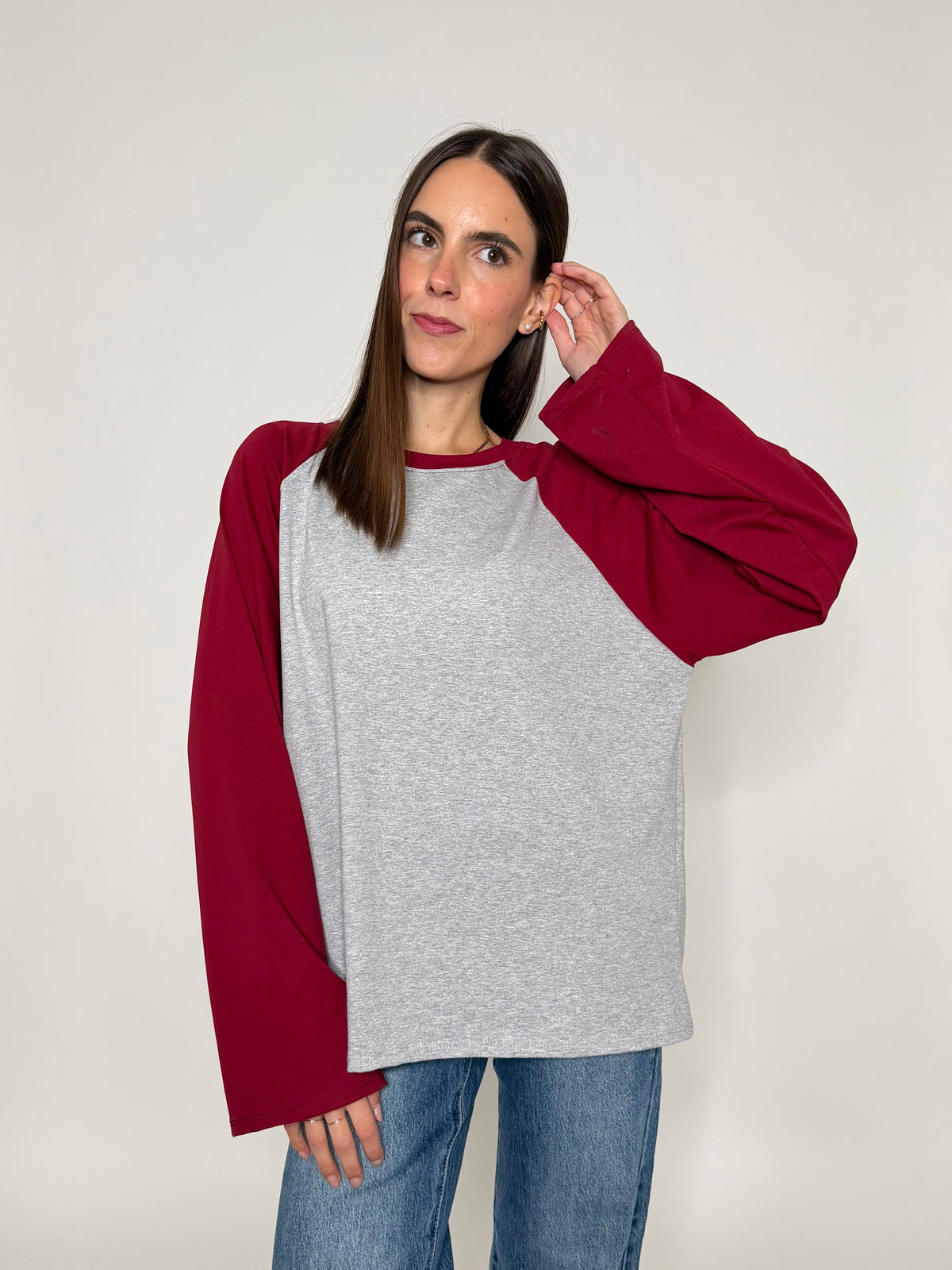 Maglia Baseball Bicolor in cotone con manica a ampia bordeaux/grigio