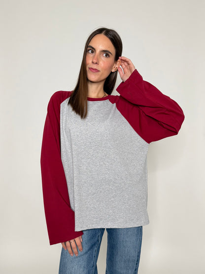 Maglia Baseball Bicolor in cotone con manica a ampia bordeaux/grigio