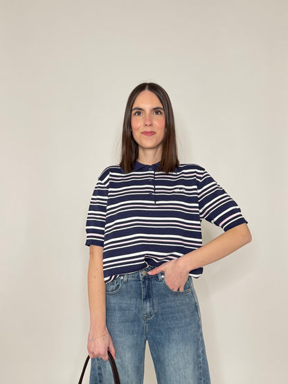 Polo in filo di viscosa a righe Blu navy/bianco