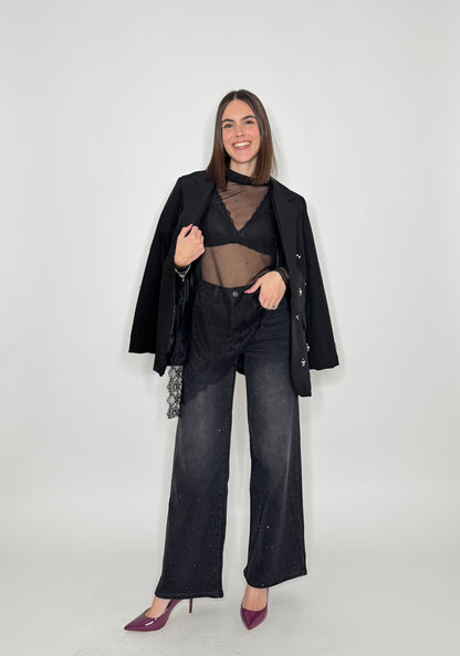 Maglia tulle e pizzo asimmetrica nero