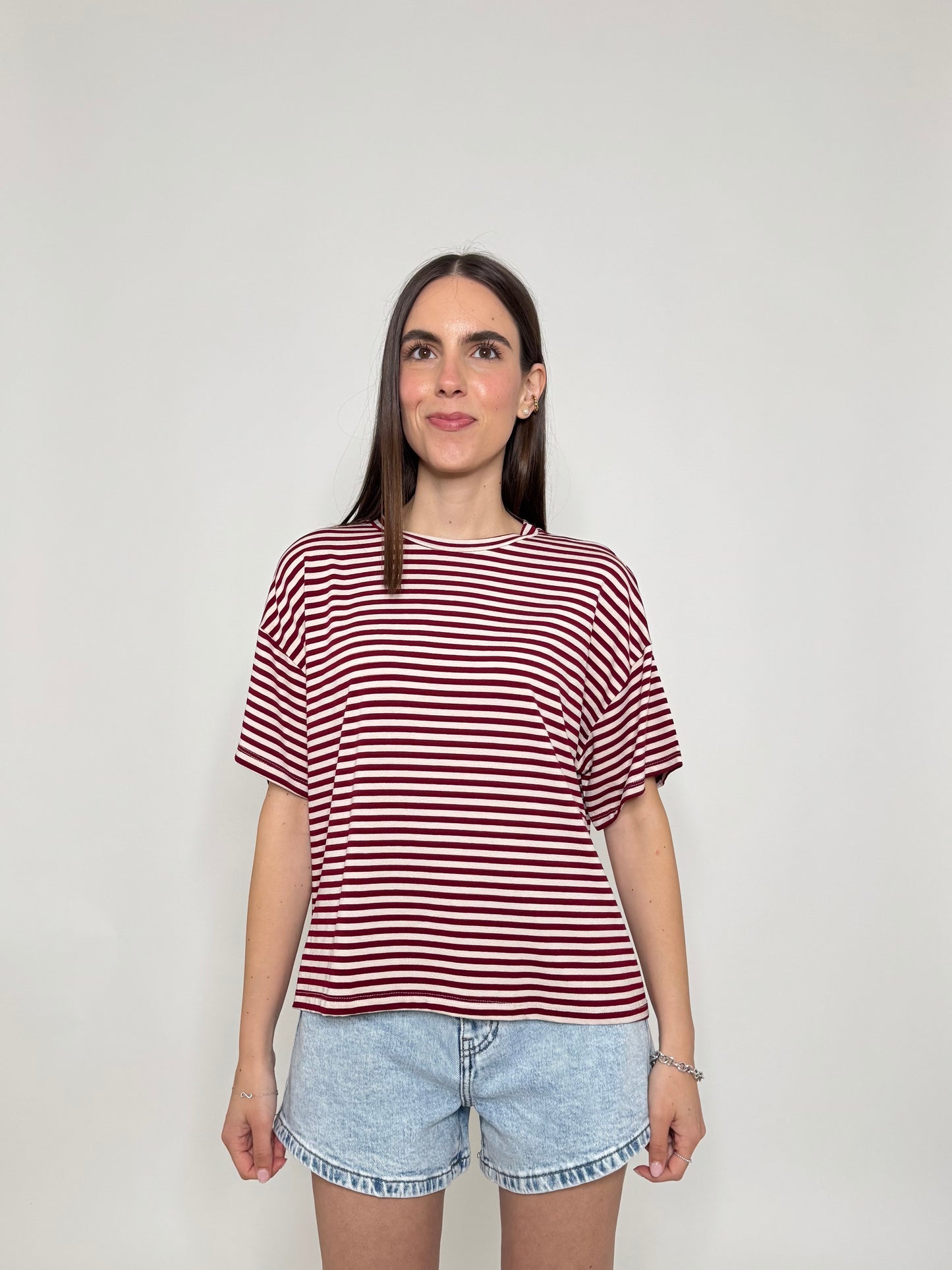 T-shirt a righe in jersey di viscosa Bordeaux/Panna