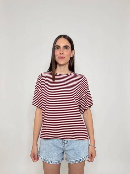 T-shirt a righe in jersey di viscosa Bordeaux/Panna