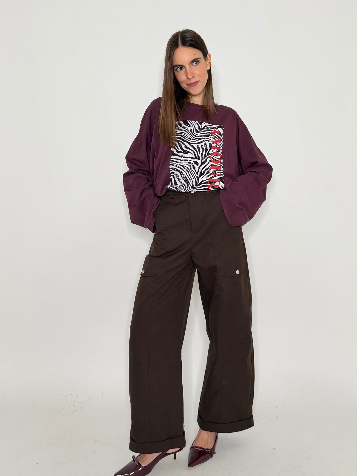 Pantalone cargo wide leg cioccolato