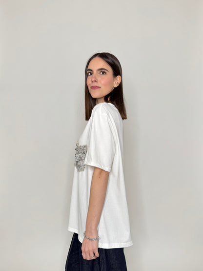 T- shirt in cotone con taschino paillette applicato Panna