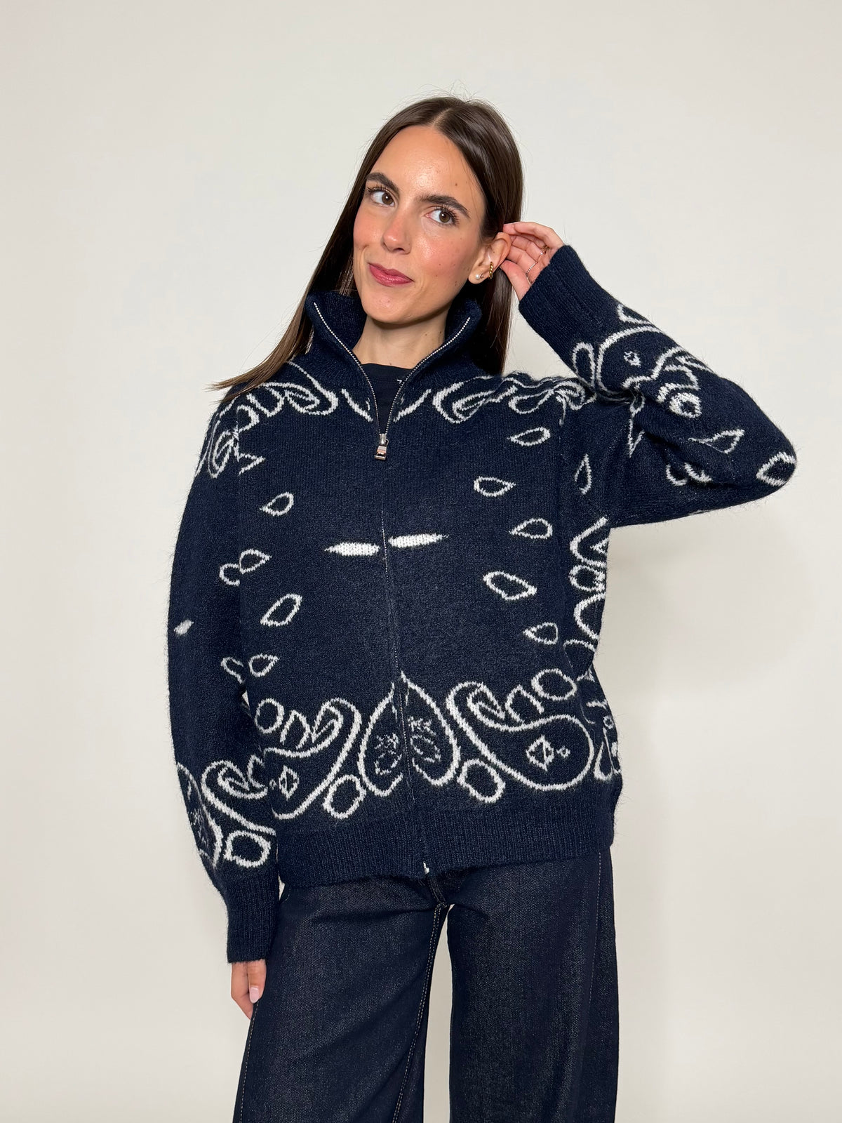 Cardigan con zip Bandana misto lana Blu