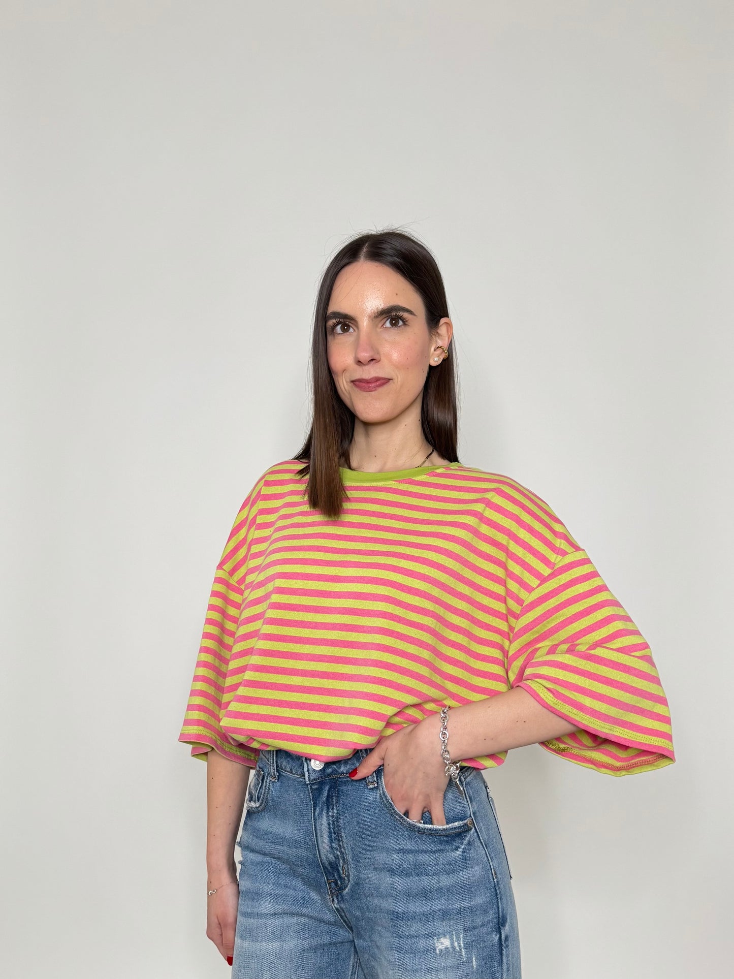 Maglia Felpa a righe light cotton in cotone Verde/Rosa