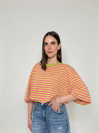 Maglia Felpa a righe light cotton in cotone Verde/Rosa