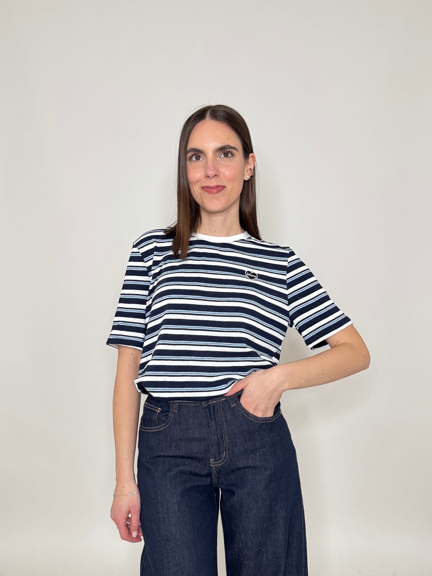 T-shirt righe light cotton con cuore Blu Navy