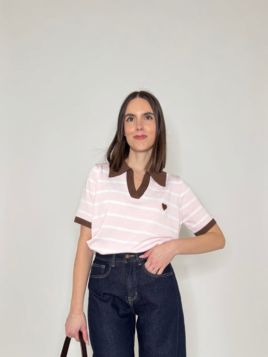 Polo maniche corte in filo di viscosa a righe rosa e bianco