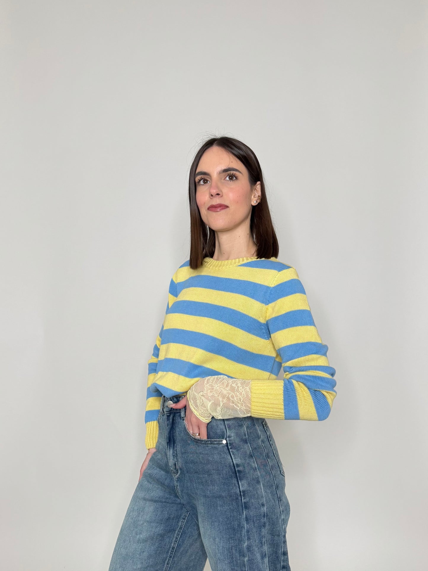 Maglia girocollo a righe in 100% cotone Giallo/jeans