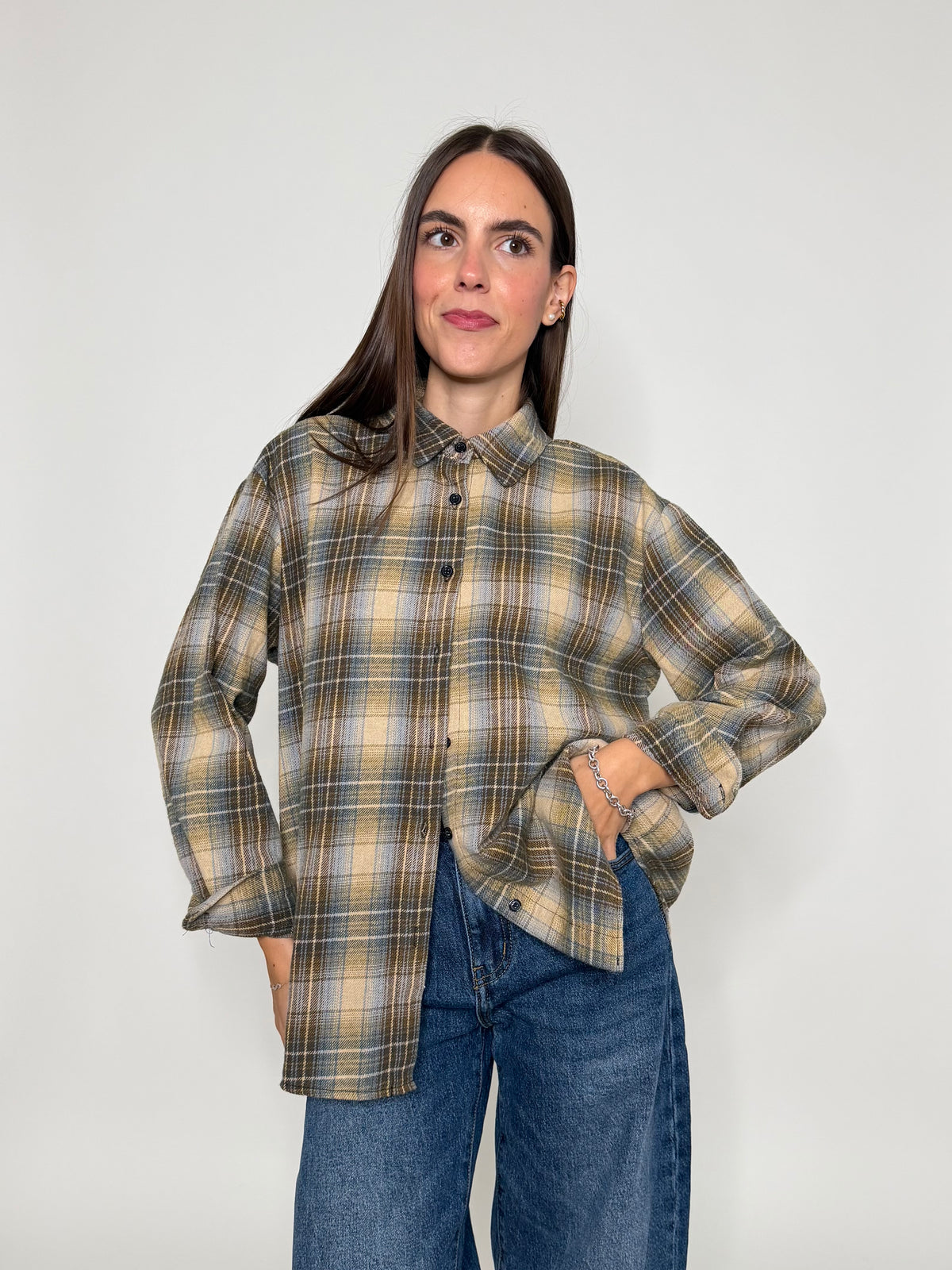 Camicia check vienna in cotone verde/celeste