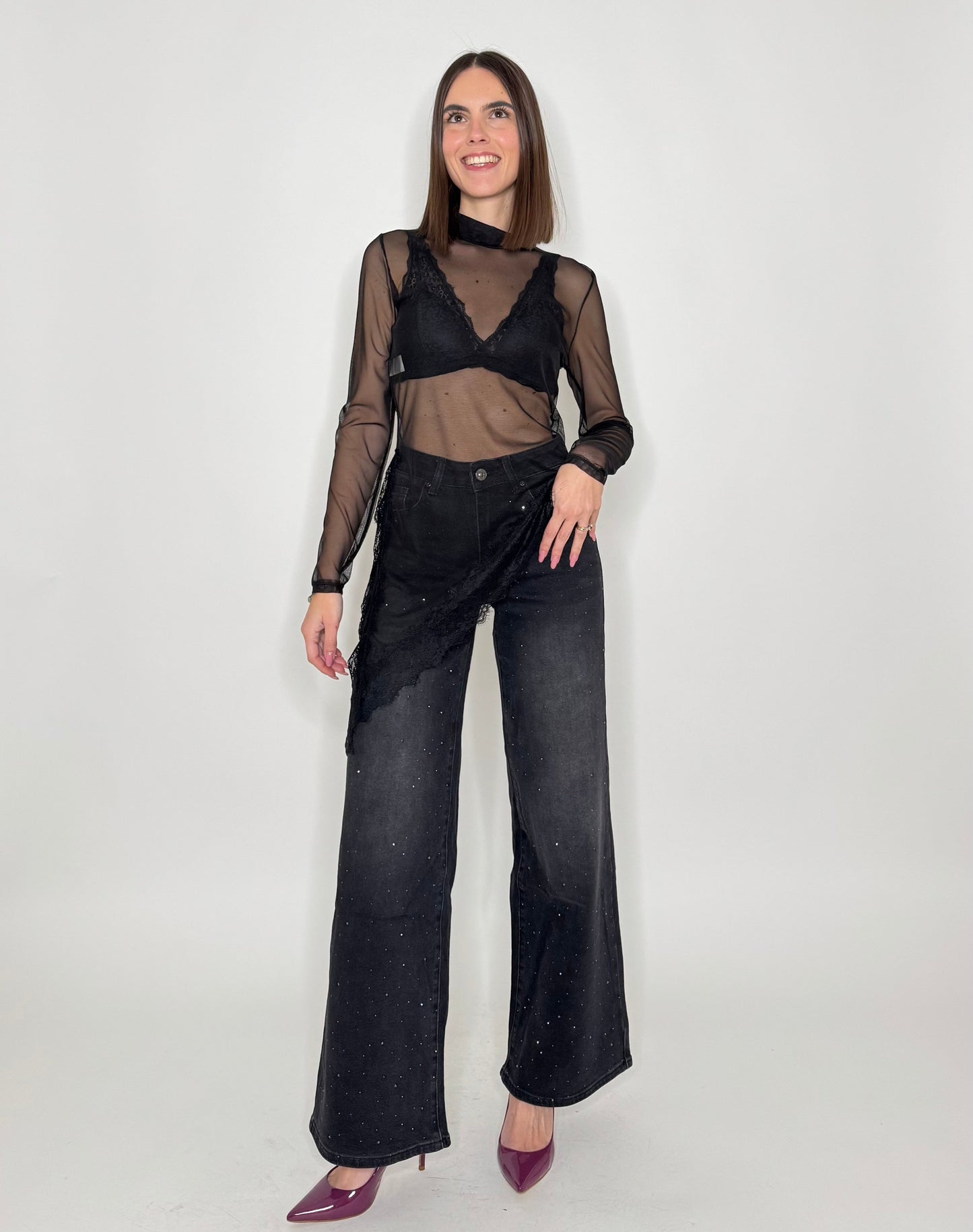 Maglia tulle e pizzo asimmetrica nero