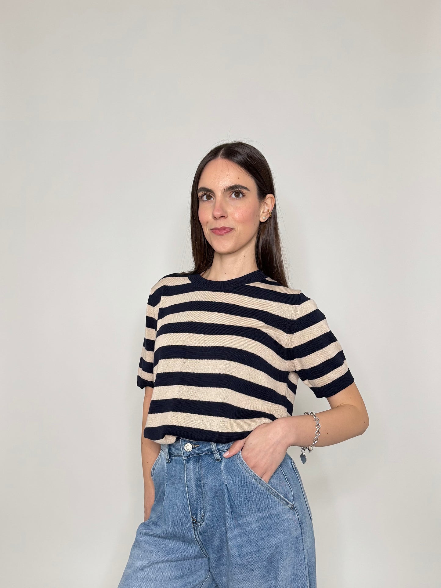 Maglia girocollo a righe manica corta in 100% cotone Blu/Beige