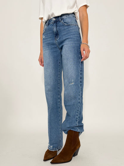 Jeans Straight Wide Leg in Denim Blu