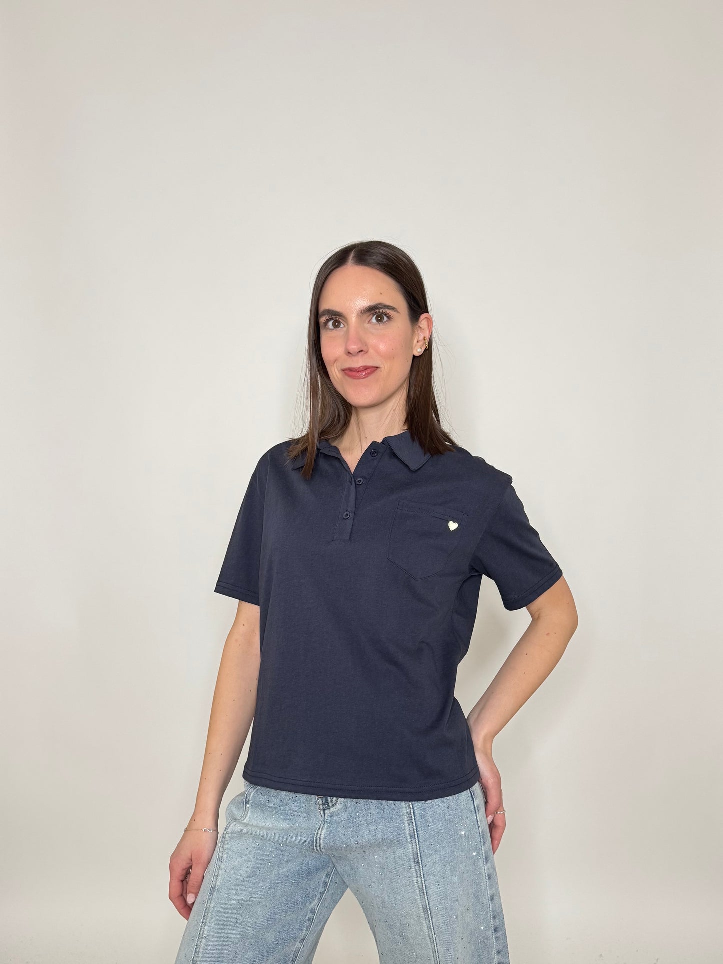 Polo basic light cotton con taschino e cuore Blu Navy