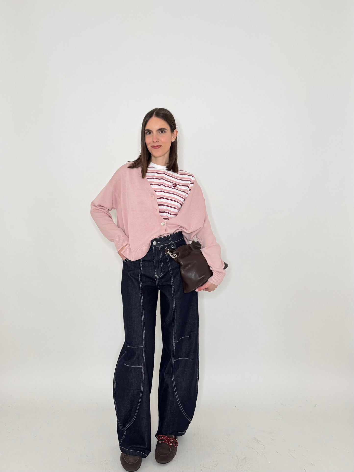 T-shirt righe light cotton con cuore Rosa