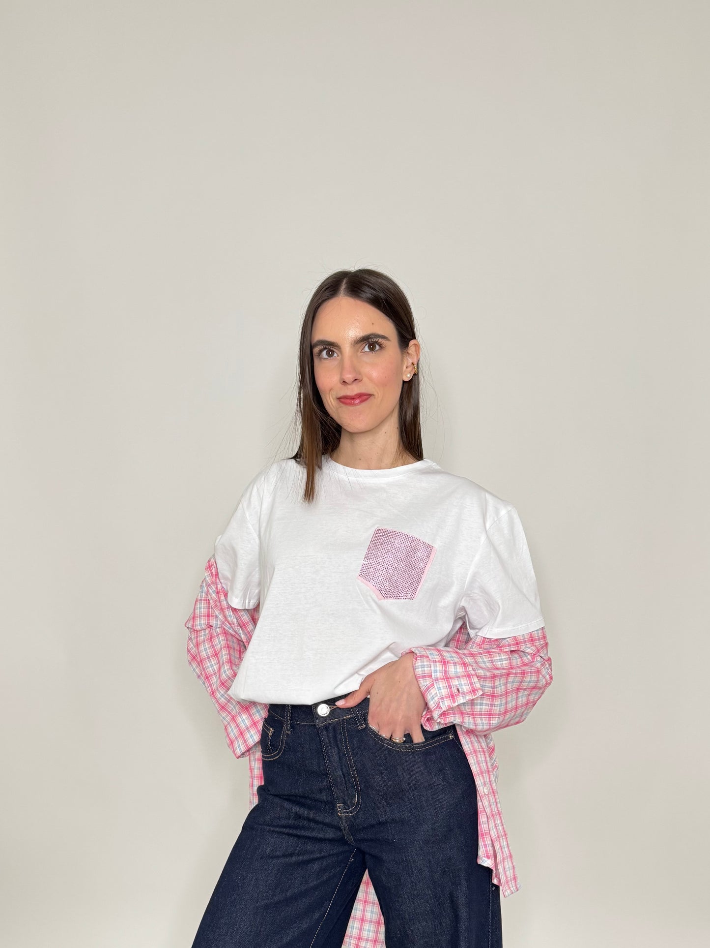 T-shirt in cotone tasca brillantini Rosa
