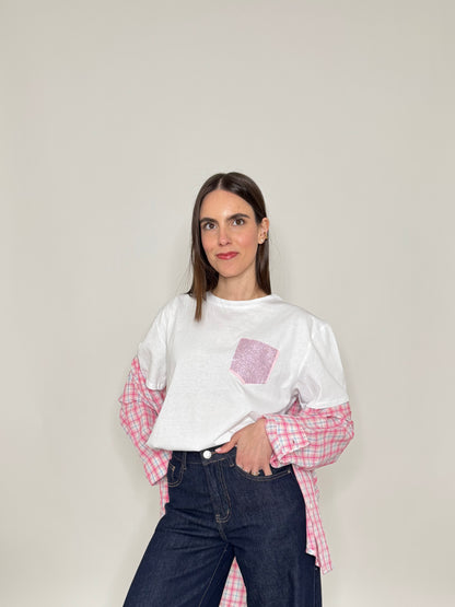 T-shirt in cotone tasca brillantini Rosa