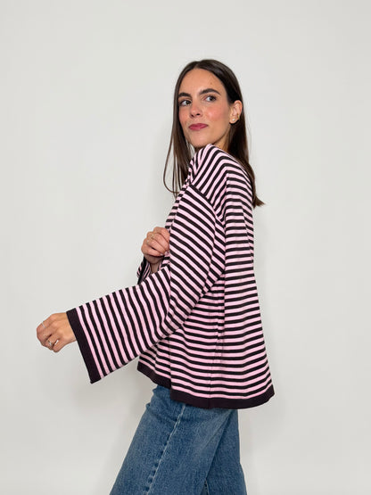 Maglia mille righe in morbida viscosa manica lunga ampia rosa