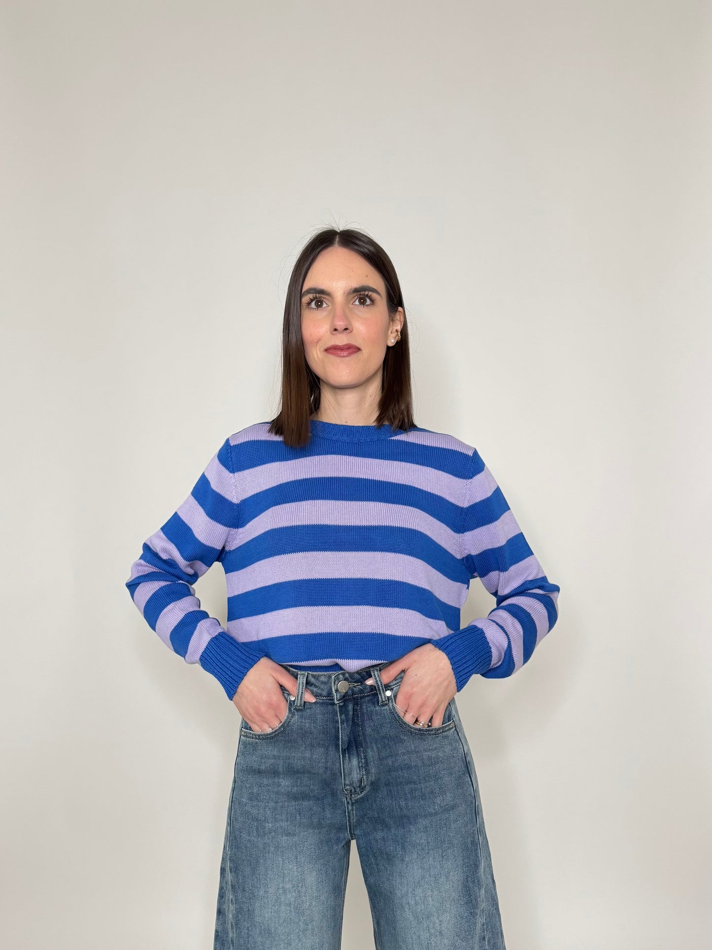 Maglia girocollo a righe in 100% cotone Persia/Lavanda