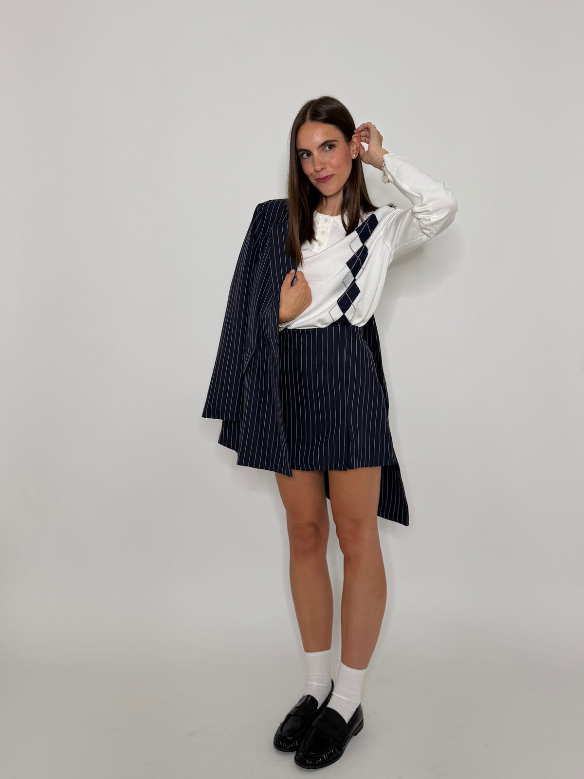 Gonna pantalone gessata blu