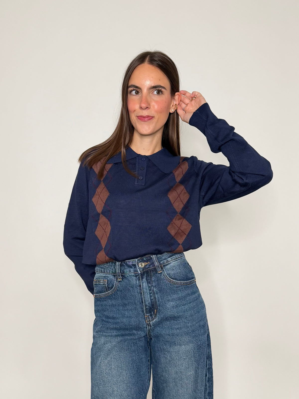 Polo a rombi in viscosa blu navy