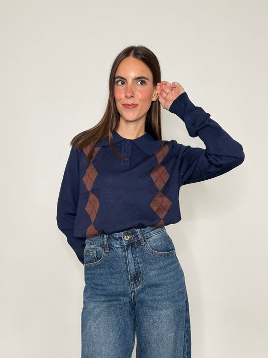 Polo a rombi in viscosa blu navy