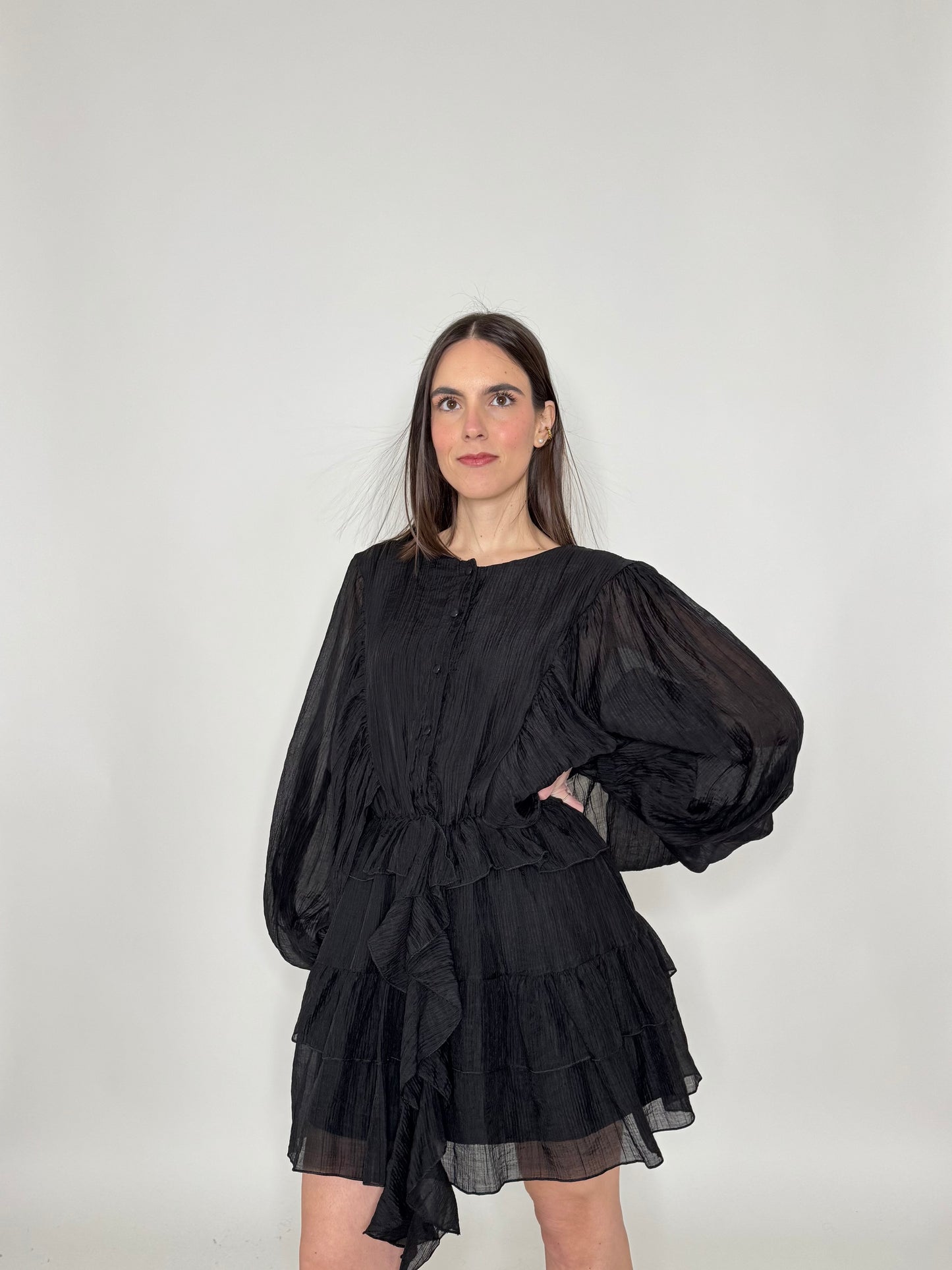 Abito mini in tencel effetto goffrato Nero