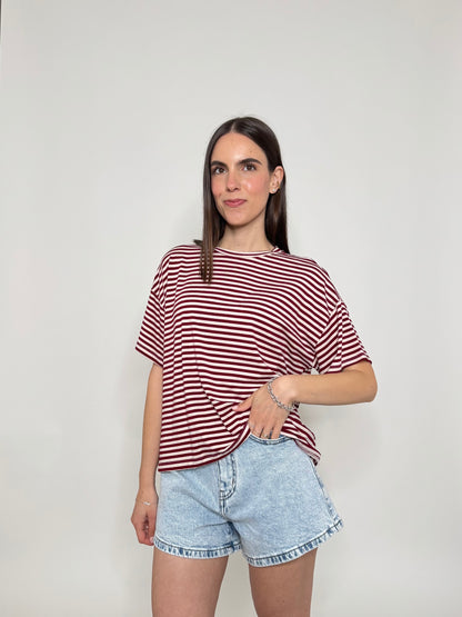T-shirt a righe in jersey di viscosa Bordeaux/Panna