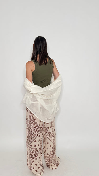 Pantalone in mussola di cotone stampa bandana Panna