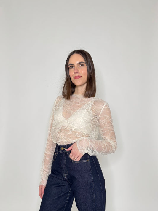 Maglia girocollo light pizzo Crema