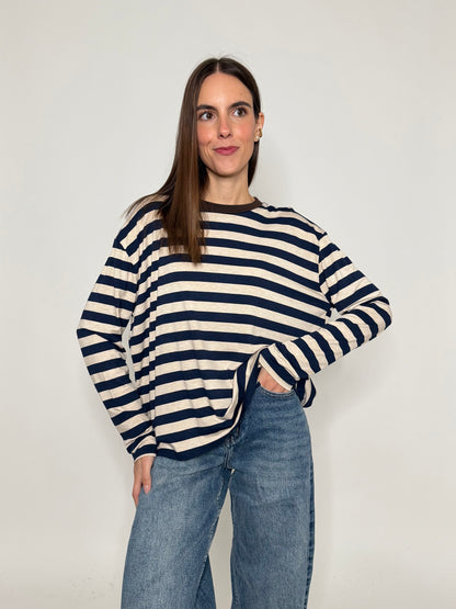 Maglia a righe passe-partout in viscosa blu/beige girocollo cioccolato
