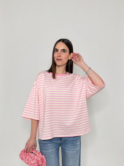 Maglia Felpa a righe light cotton in cotone Rosa/Panna