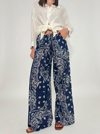 Pantalone in mussola di cotone stampa bandana Blu