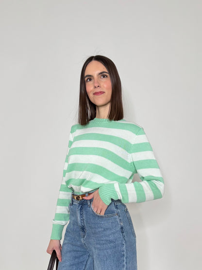 Maglia girocollo a righe in 100% cotone Latte/Menta