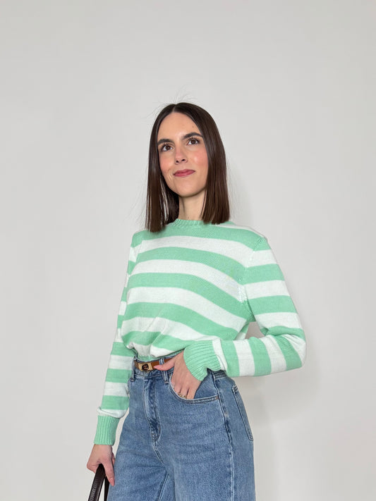 Maglia girocollo a righe in 100% cotone Latte/Menta