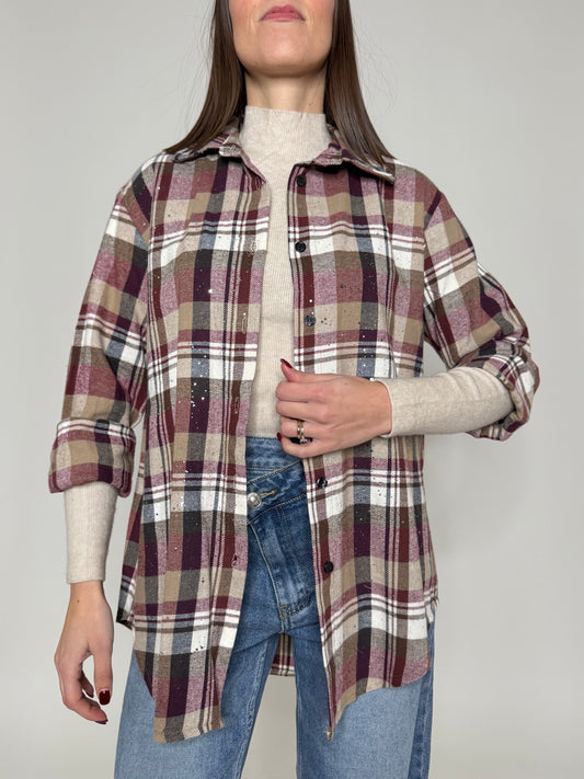 Camicia check strass in flanella di cotone Coffe/bordeaux