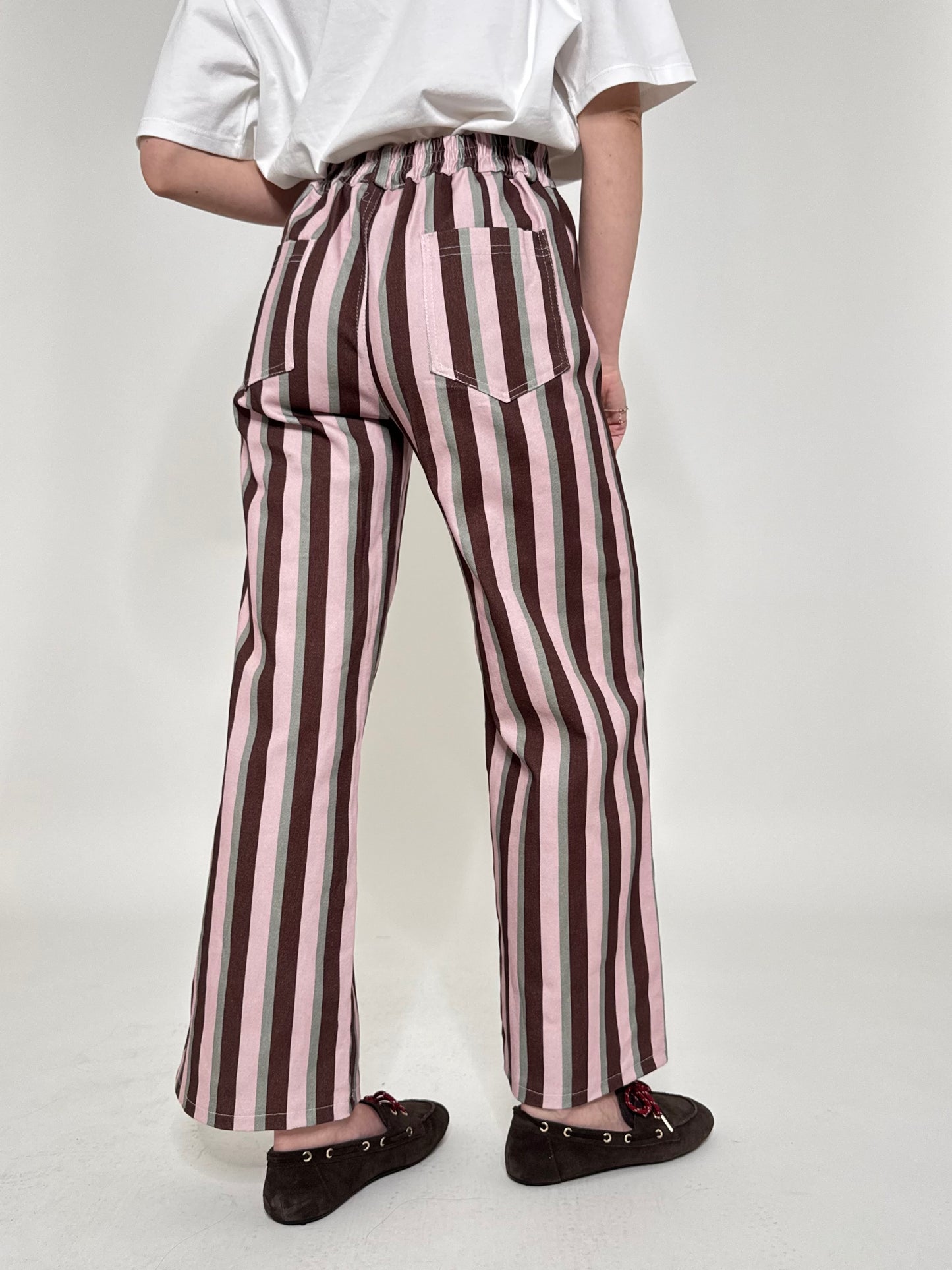Jeans cinque tasche a righe modello wide leg Rosa/Burgundy/Grigio