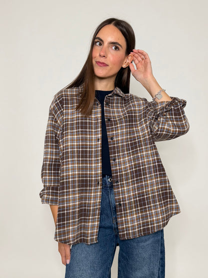Camicia check vienna in cotone tabacco/celeste