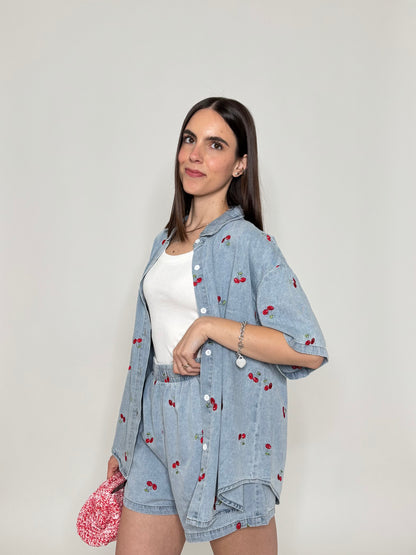 Completo denim in cotone con ricami