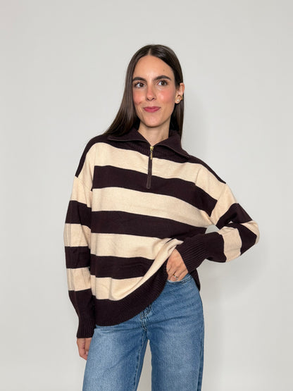 Maglione mezza zip collo alto a righe in morbida viscosa cioccolato/beige