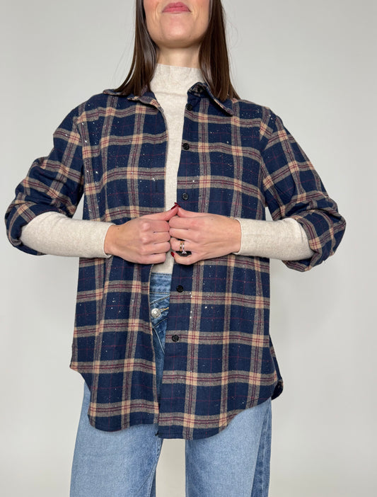 Camicia check strass in flanella di cotone blu