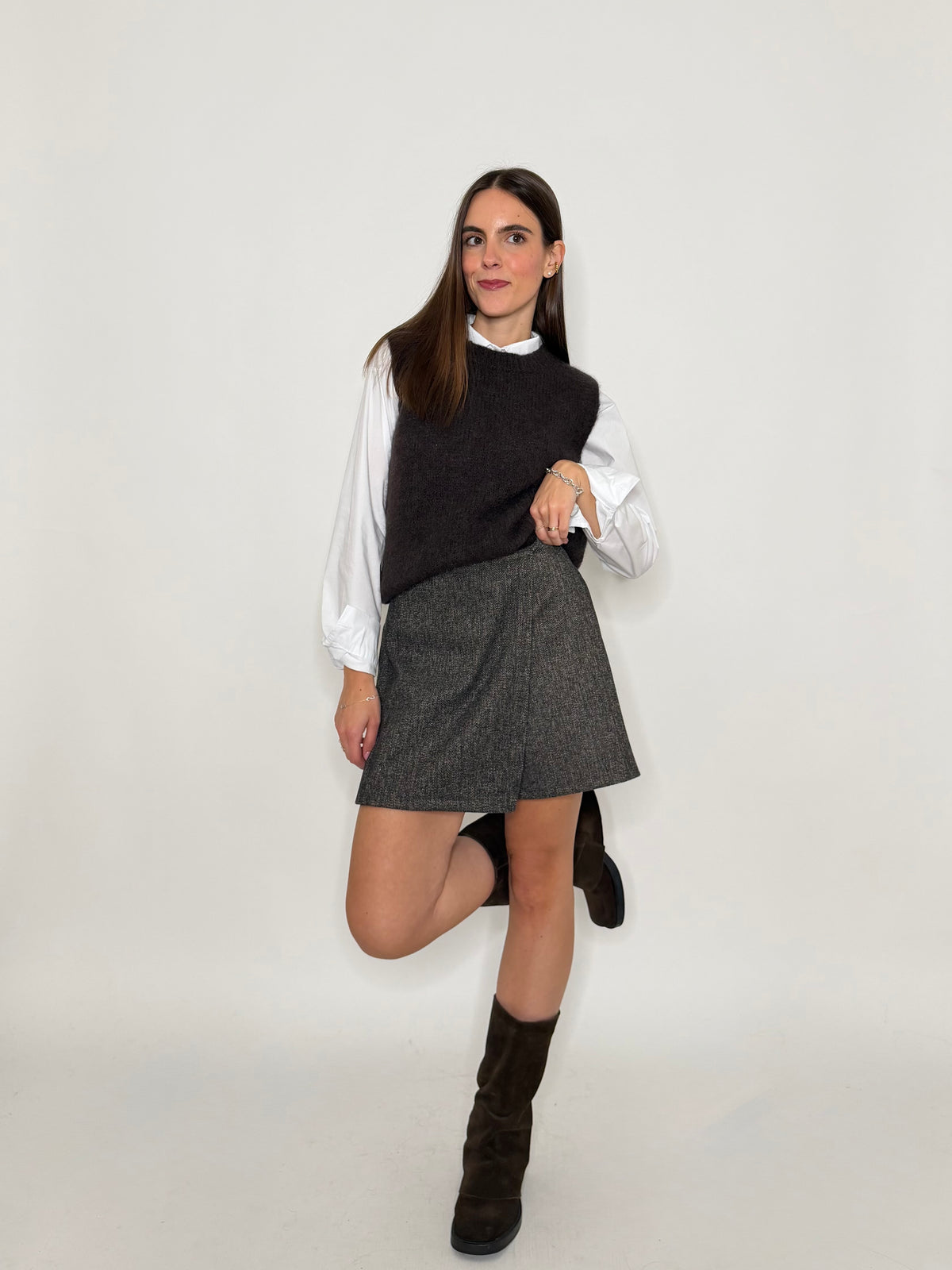 Gonna pantalone spigata in morbida viscosa moro