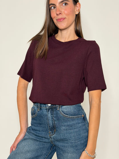 Maglia girocollo basic con impuntura in viscosa e cotone burgundy