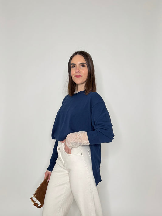 Maglia girocollo scatoletta in 100% cotone Blu Navy